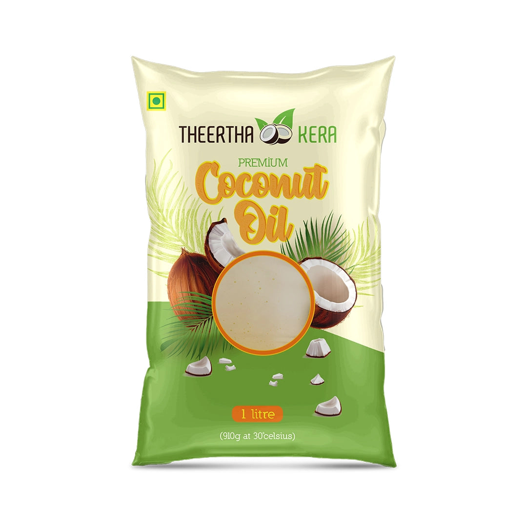 Theertha Kera Premium Coconut Oil packaging on a white background