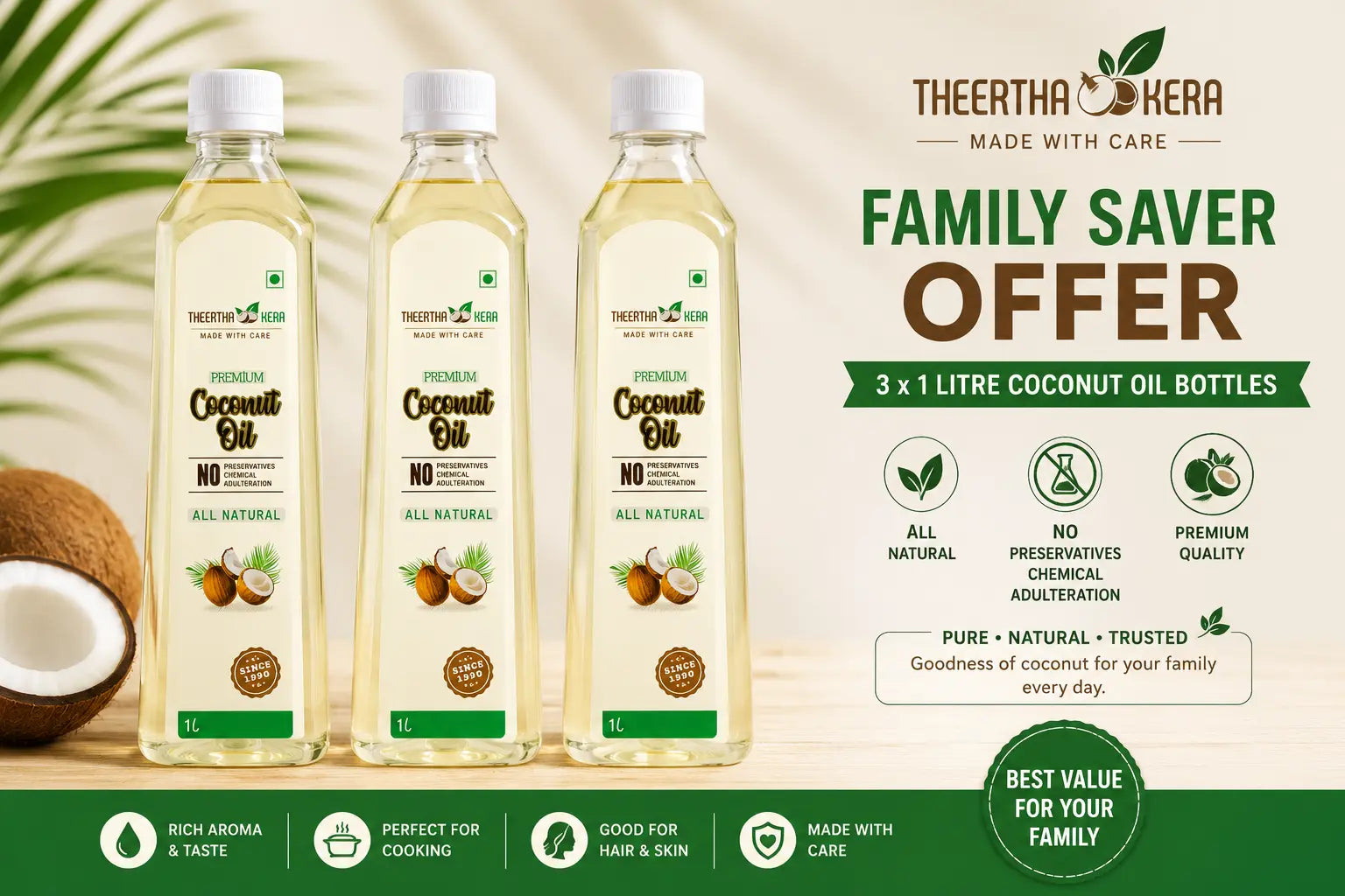 three 1-litre bottles of TheerthaKera Premium Coconut Oil arranged in a promotional banner with text reading 'Family Safver Offer' and green decorative elements.