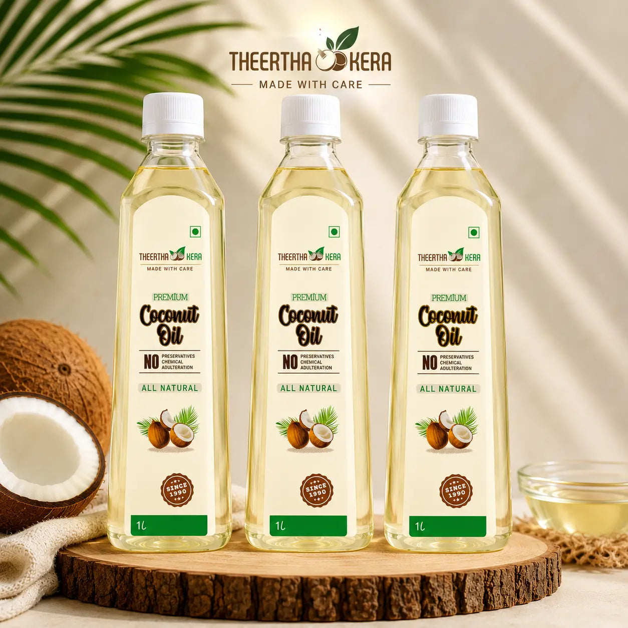 Three bottles of TheertthaKera Premium Coconut Oil arranged on a wooden slice with coconuts, a cloth, and a small bowl in a styled setting. TheertthaKera branding is visible at the top and on the bottle labels.