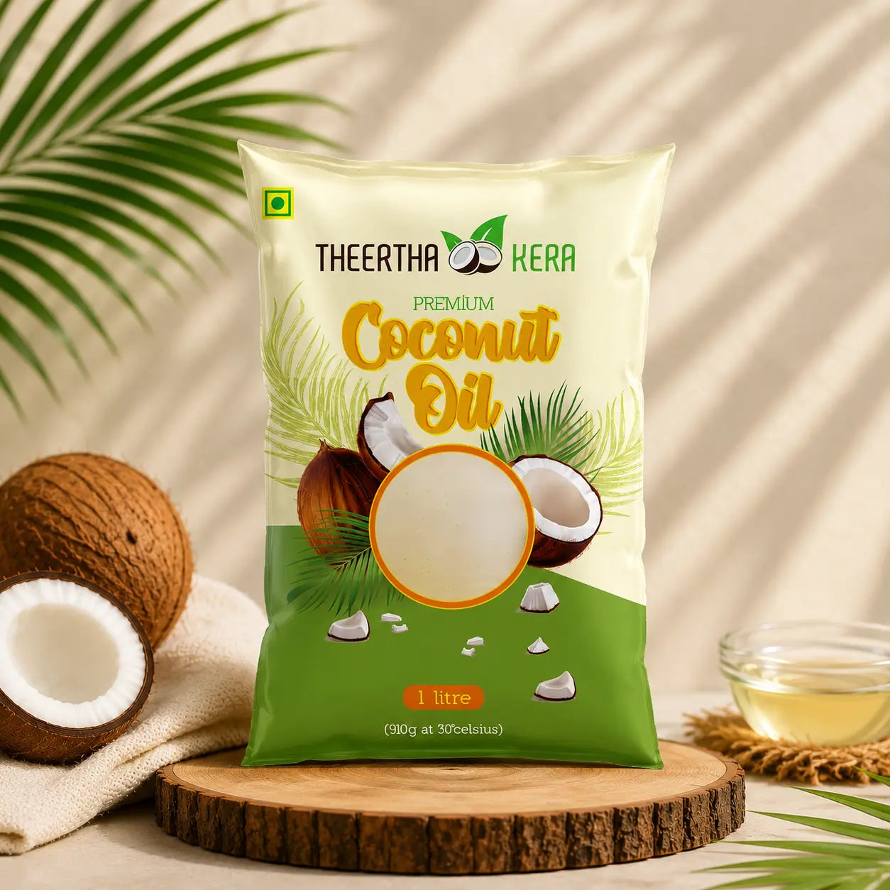 one litre pouch theerthakera coconut oil